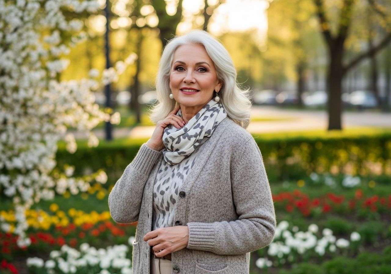 Stylová starší žena v parku během zlaté hodiny s přirozeným úsměvem a stříbrnými vlasy.