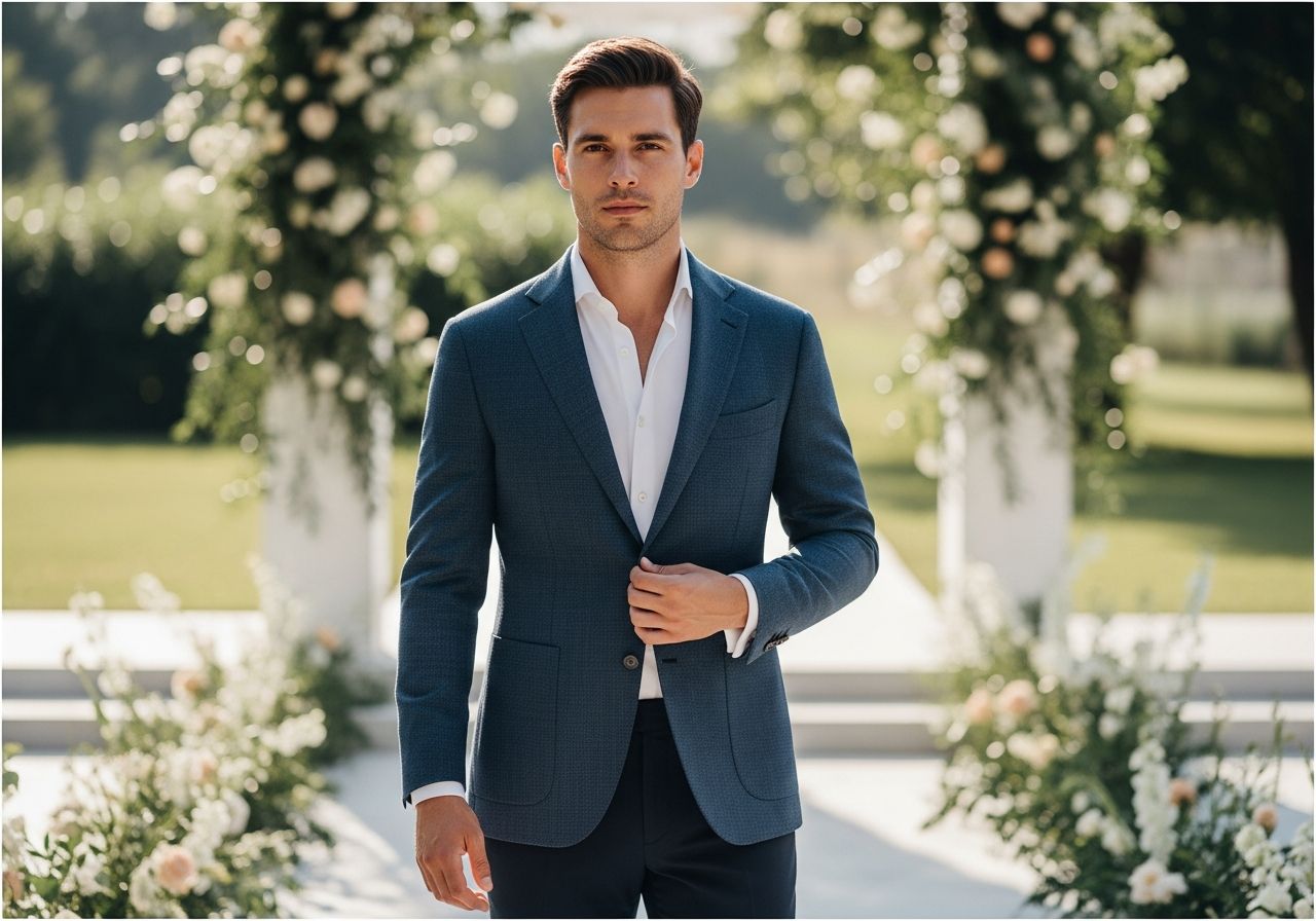 Mladý ženich v tmavě modrém sportovním saku stojí venku u svatební dekorace s květinami a zelení.