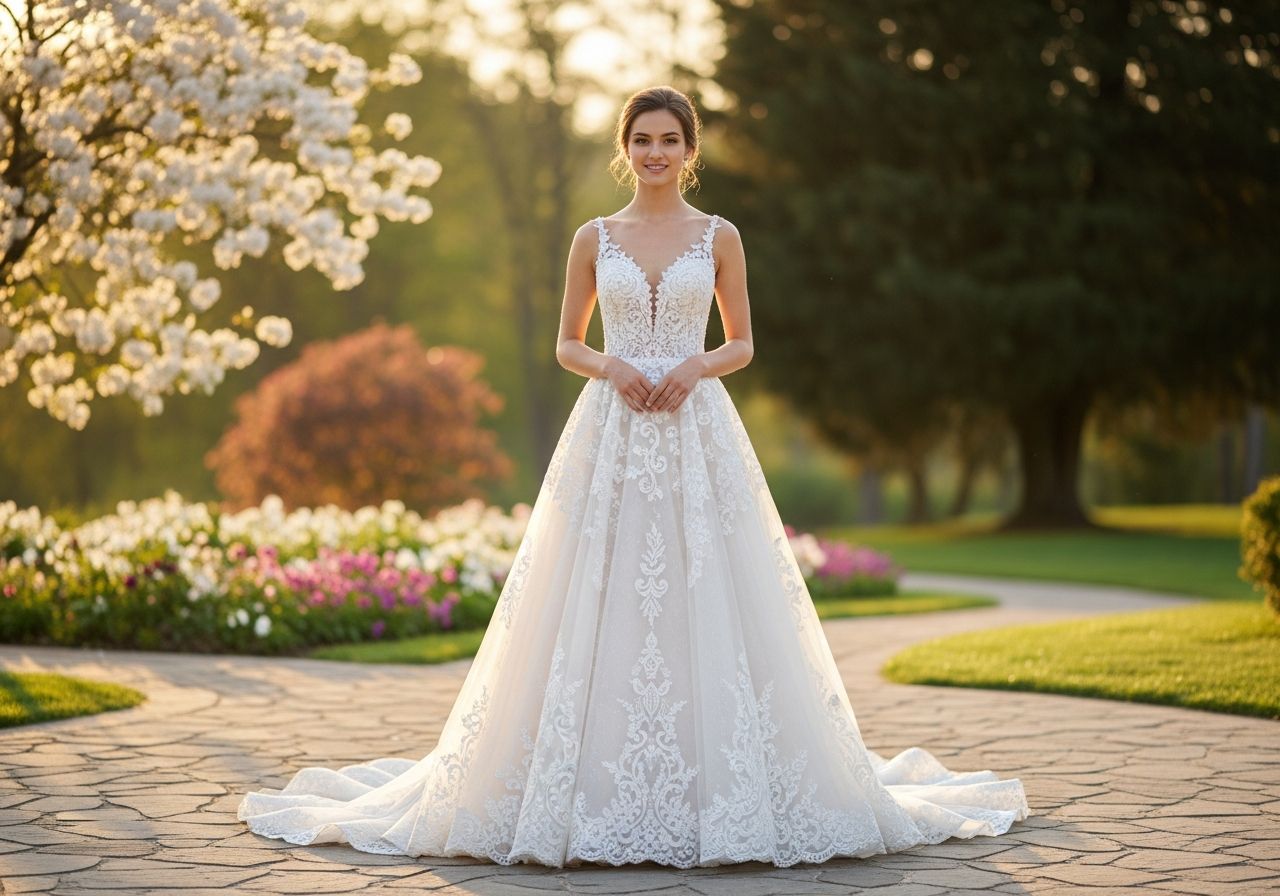 Mladá žena v bílé svatební šatech stojí venku při zlaté hodině s rozostřeným pozadím květin a stromů