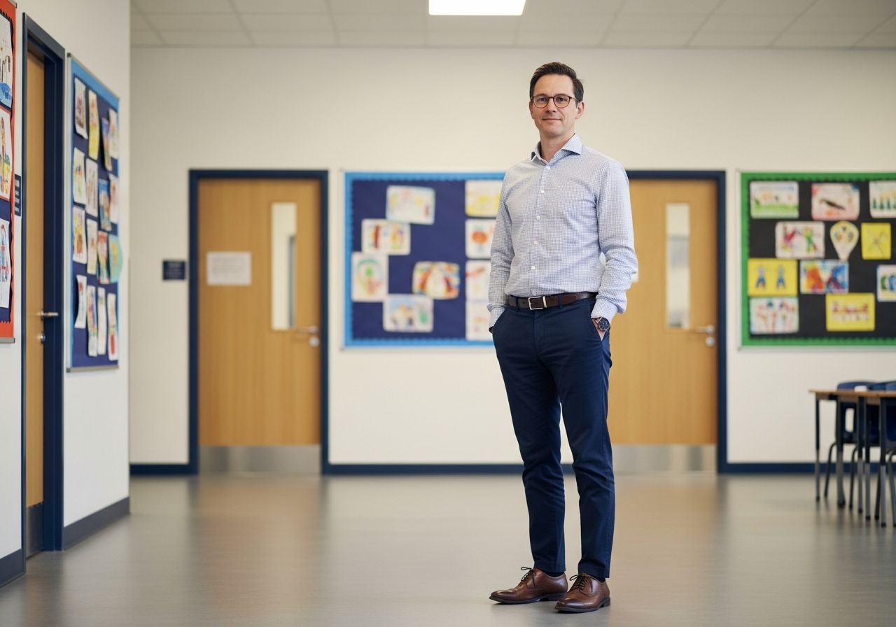 Rodič v chytrém neformálním oblečení čeká na schůzku ve světlé školní chodbě s dětskými kresbami.