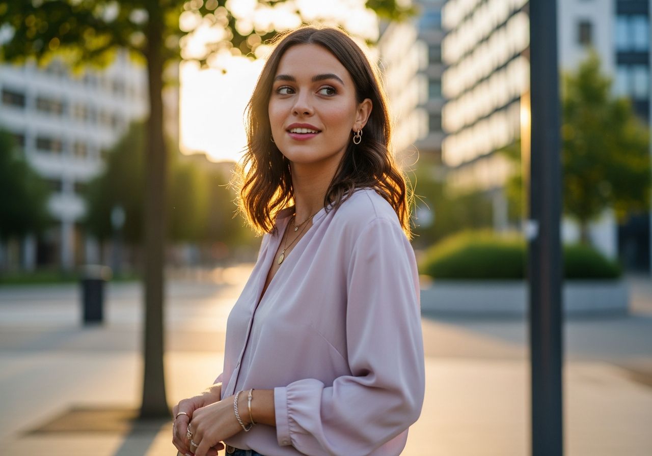 Mladá žena v pastelové blůze ve městě při zlaté hodině s jemným úsměvem a přírodními doplňky