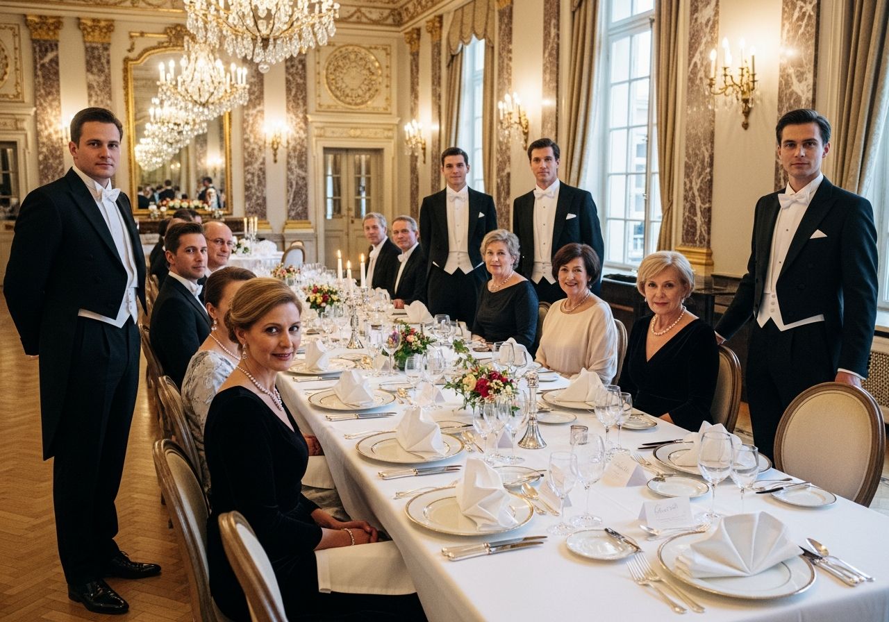 Luxusní banket s elegantně oblečenými lidmi u dlouhého stolu v honosné místnosti