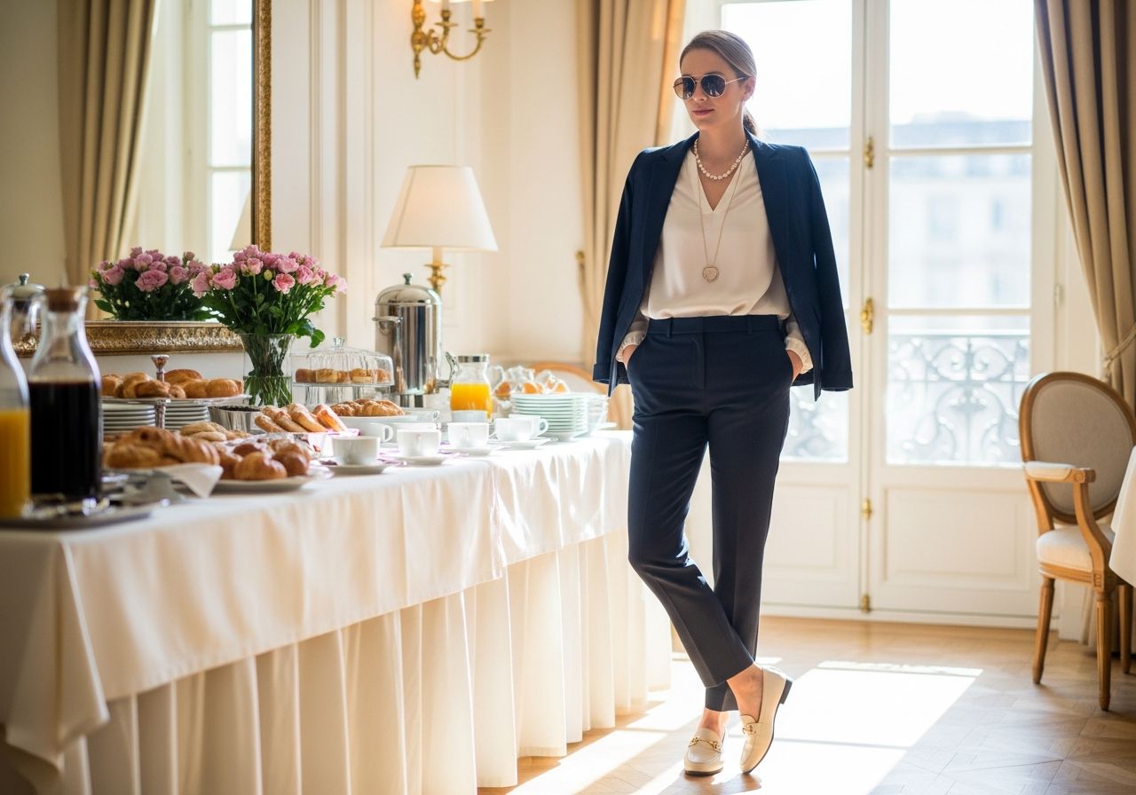 Stylová žena v hotelové jídelně u slunečného stolu s pečivem, kávou a květinami v 43:3 poměru stran
