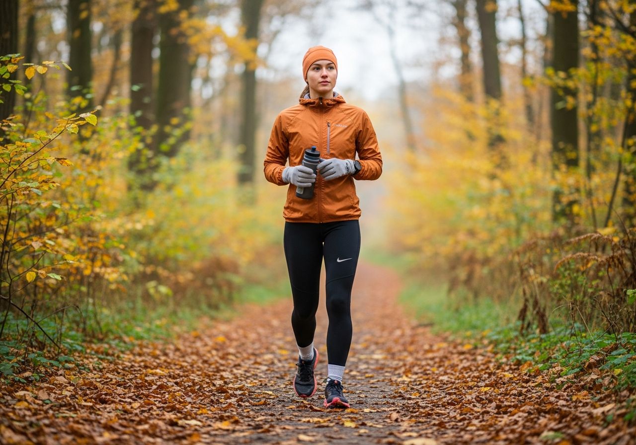 Mladá žena běží na podzimní stezce v lese v lehké sportovní výbavě s barevnými listy na zemi