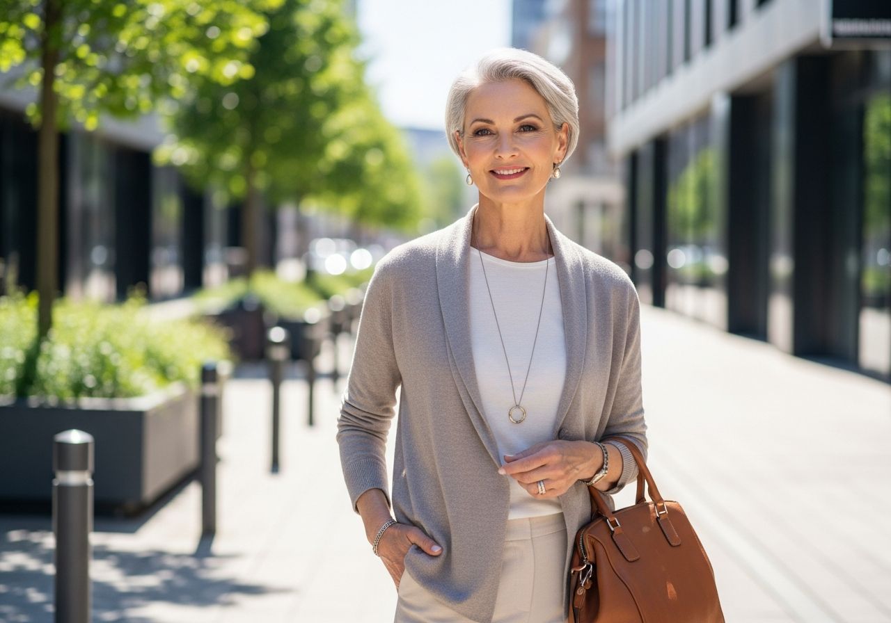 Elegantní středněvěká žena v moderním městském prostředí s kabelkou a krátkými stříbrnými vlasy