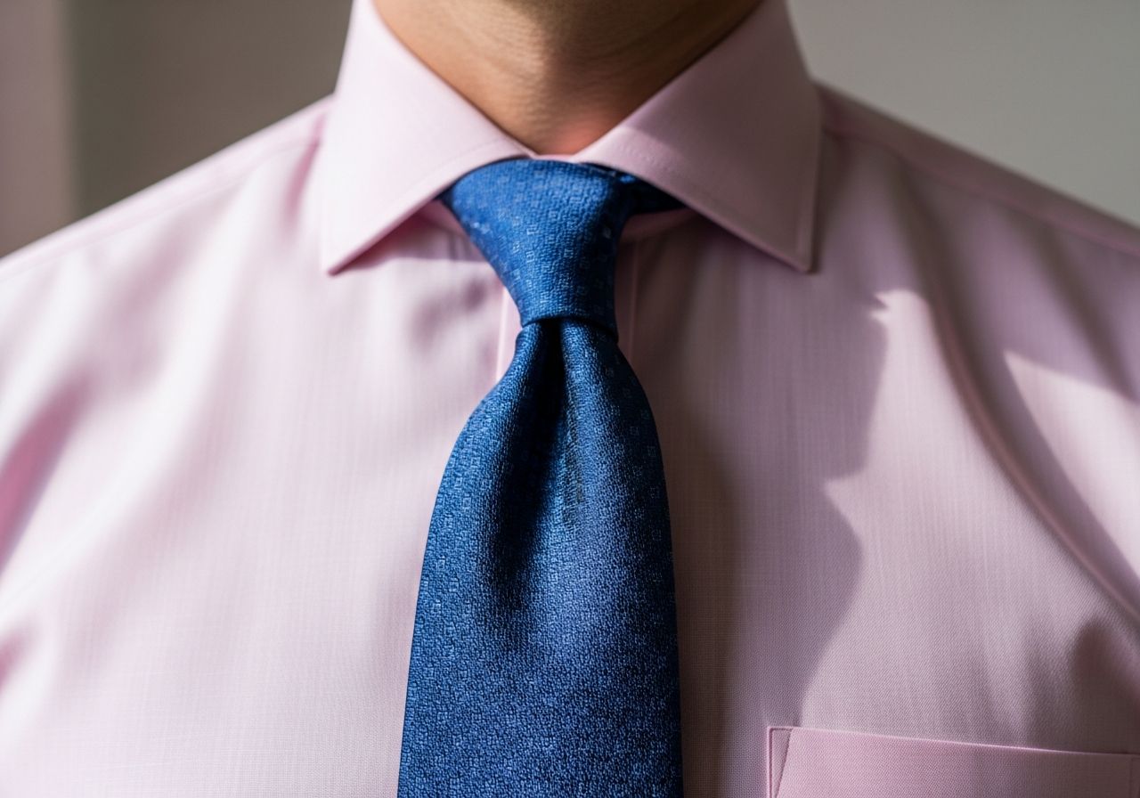 Detailní záběr muže v růžové košili s tmavě modrou kravatou, zachycené přirozeným světlem.