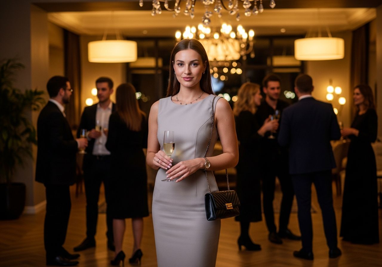 Mladá žena v koktejlových šatech drží sklenici šampaňského na večerní párty s hosty v pozadí.