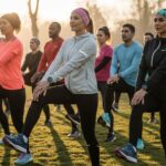 Skupina běžců v moderním sportovním oblečení připravující se na běh v ranním parku.