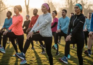 Skupina běžců v moderním sportovním oblečení připravující se na běh v ranním parku.