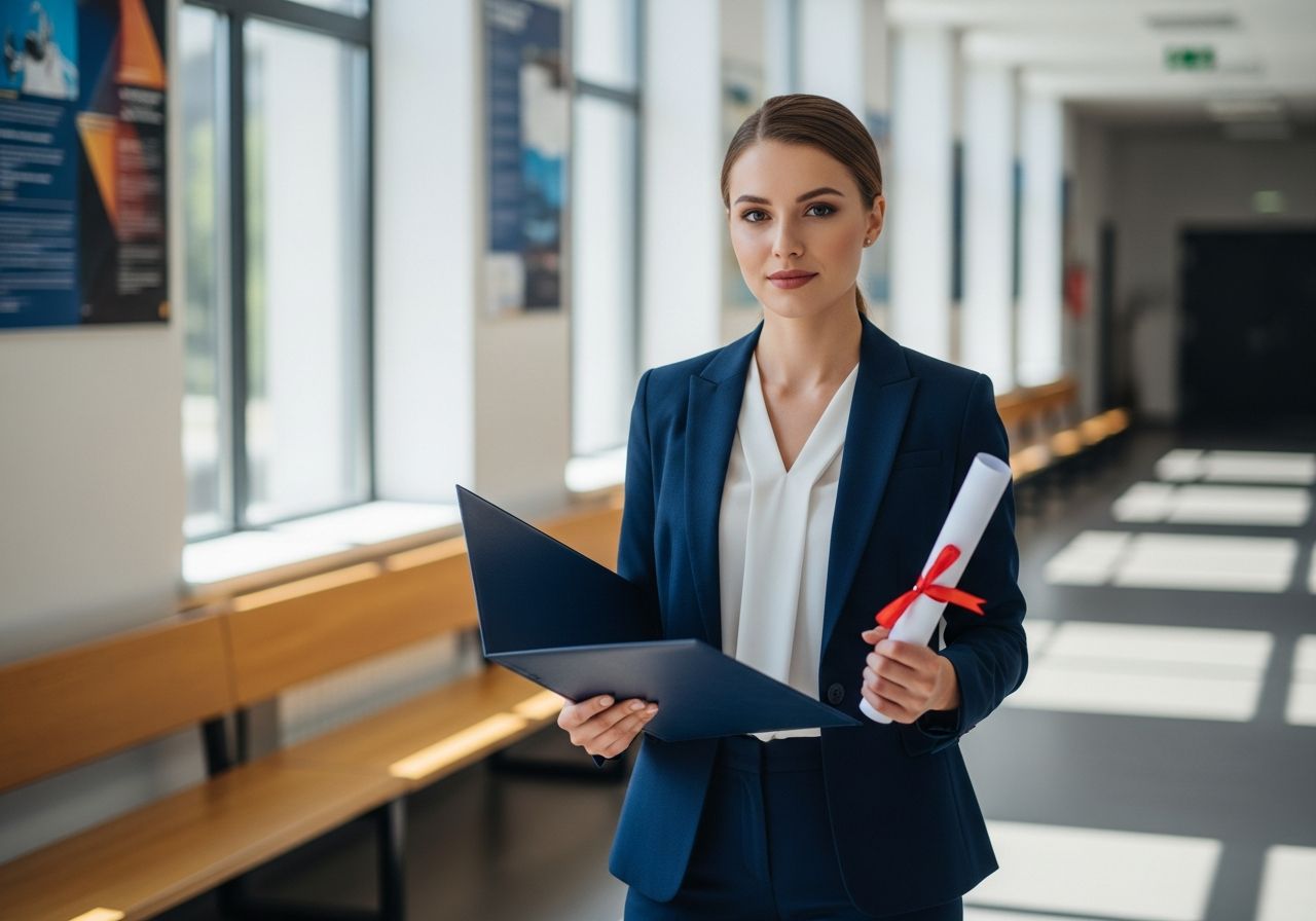 Mladá žena v modrém obleku s diplomem a portfoliem v univerzitní chodbě čeká na obhajobu práce