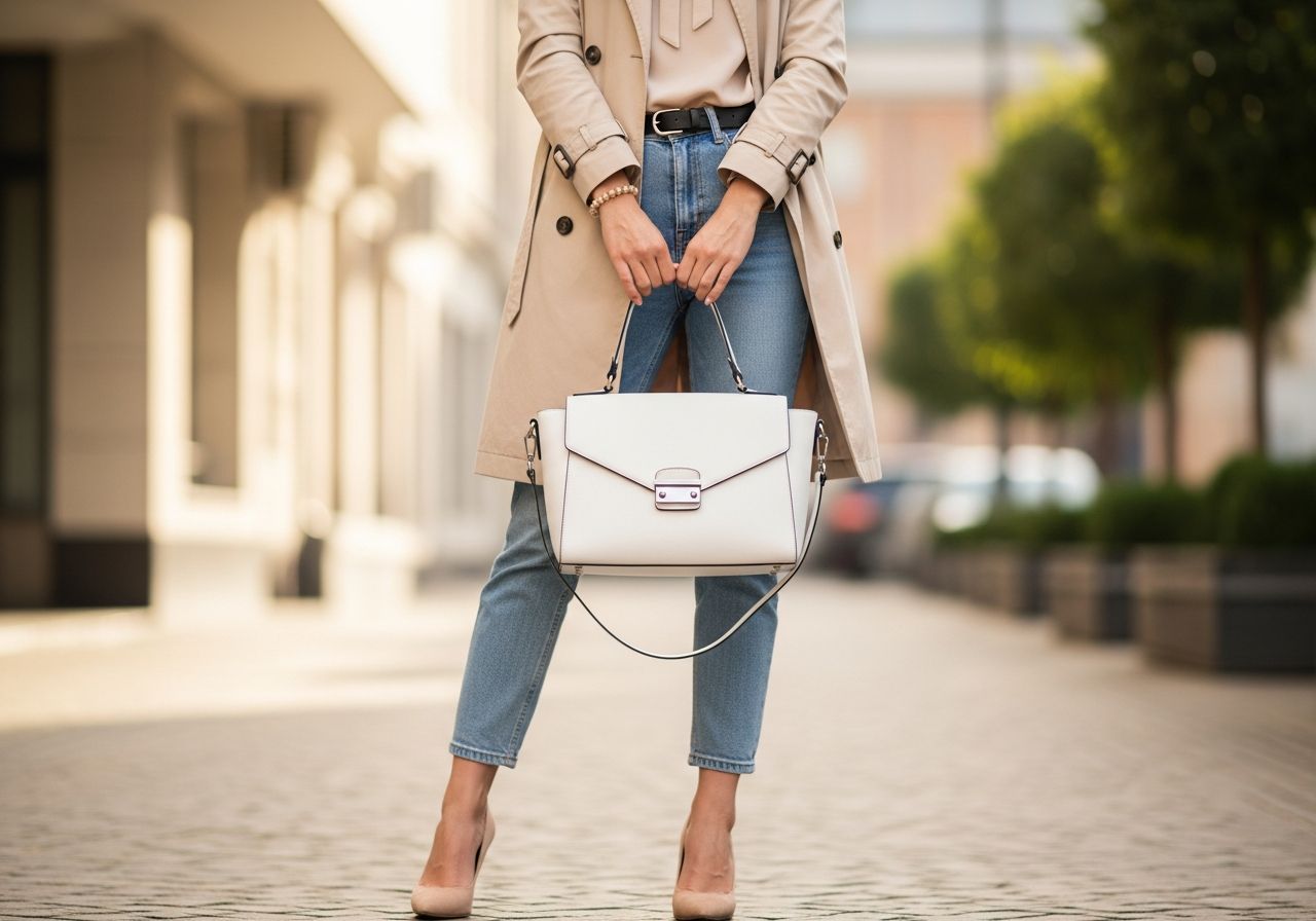 Mladá žena drží bílou kabelku, stojí na ulici v béžovém kabátu a modrých džínách.