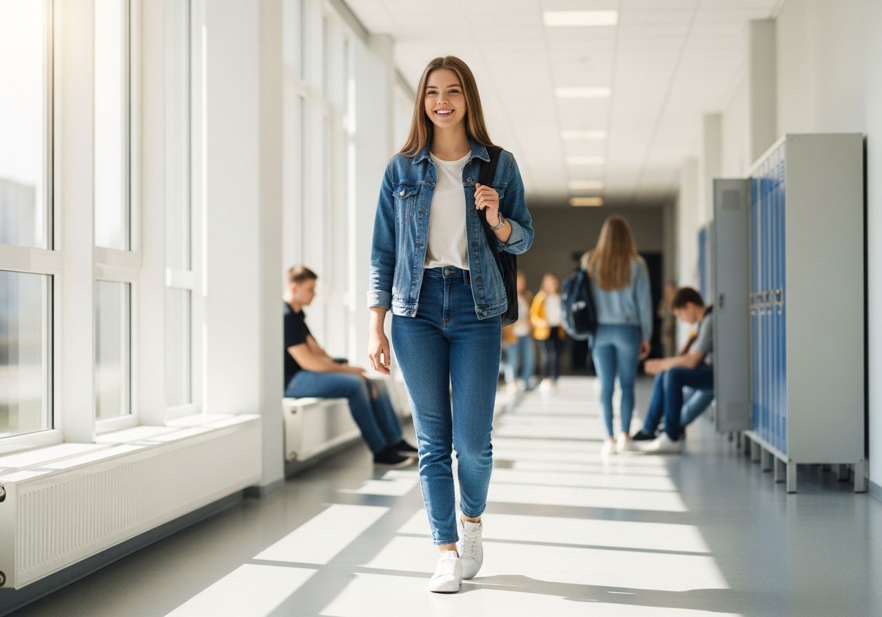 Usměvavá dívka v džínách a bundě stojí ve školní chodbě s šatnami a spolužáky v pozadí.