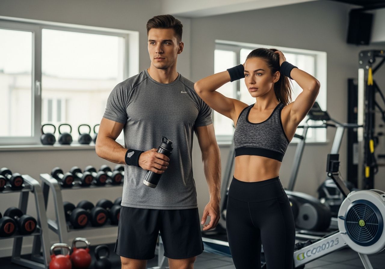 Mladý muž a žena v sportovním oblečení stojí v moderní posilovně s vybavením a přírodním světlem