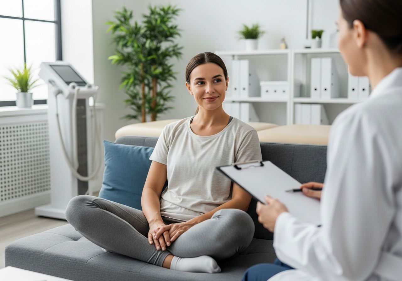 Mladá žena sedí na pohovce v klinice fyzioterapie a poslouchá fyzioterapeuta s bílým pláštěm.