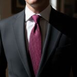 Muž v černém obleku s bílou košilí a vínovou kravatou v interiéru za denního světla.