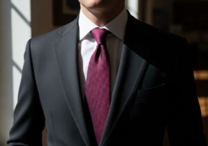 Muž v černém obleku s bílou košilí a vínovou kravatou v interiéru za denního světla.