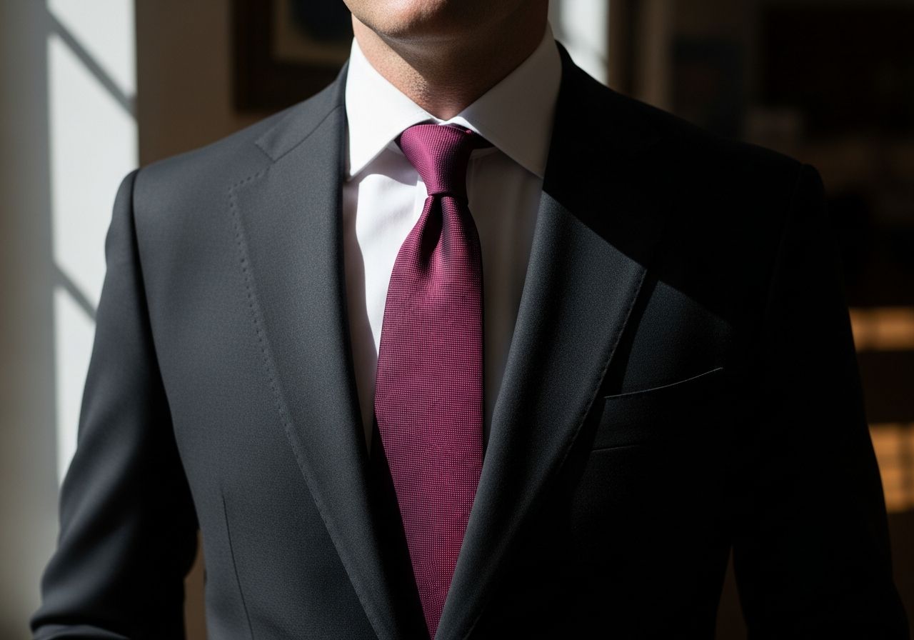 Muž v černém obleku s bílou košilí a vínovou kravatou v interiéru za denního světla.