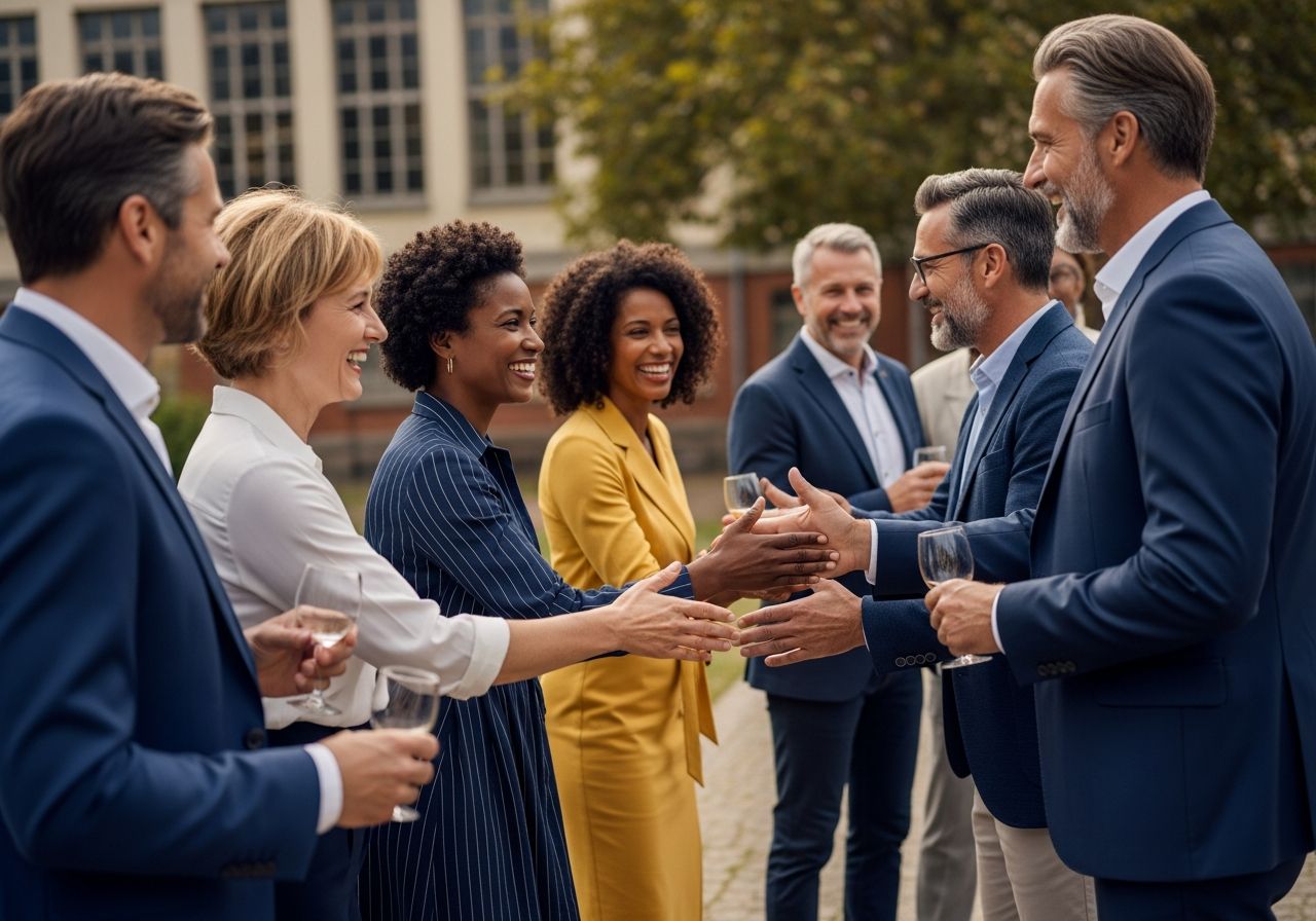 Skupina středního věku zdraví se na školním srazu venku, oblečena ve stylu smart casual a semiformal.