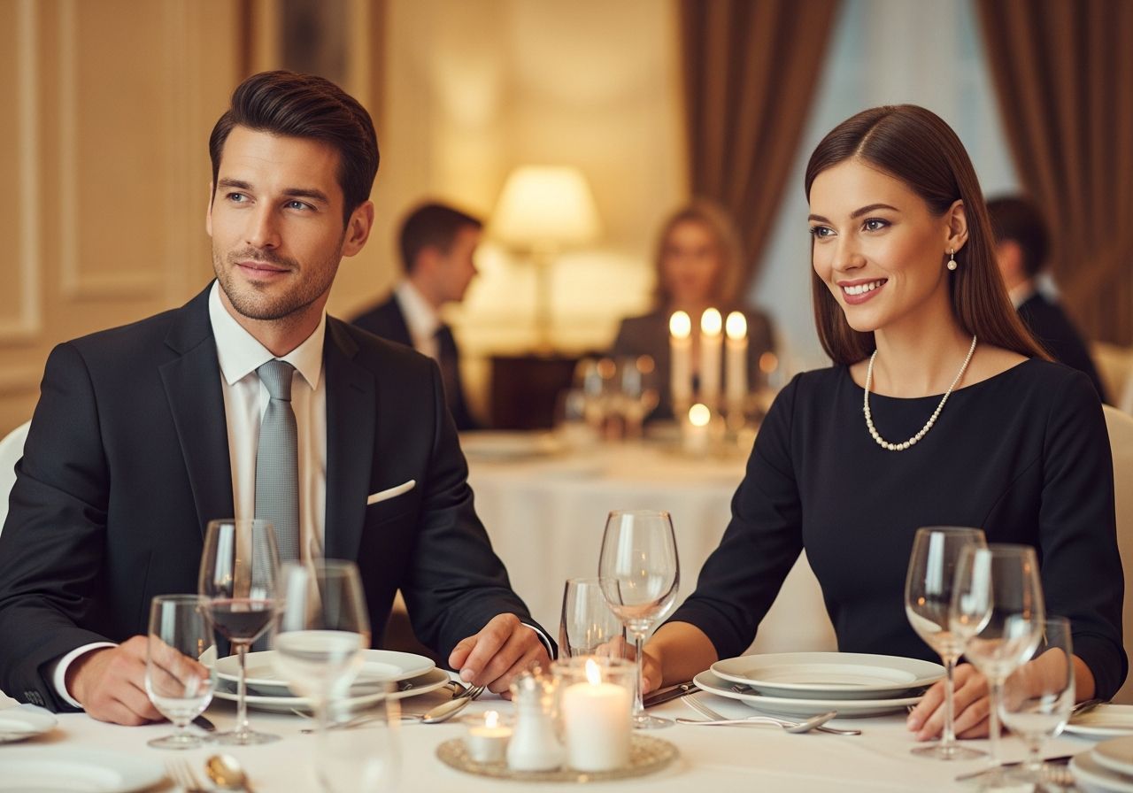 Muž a žena v formálním oblečení na firemní večeři u elegantně prostřeného stolu