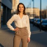 Mladá žena v městském prostředí za zlaté hodiny ve stylovém oblečení a přirozeném líčení