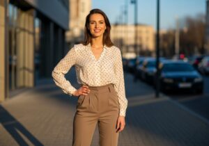 Mladá žena v městském prostředí za zlaté hodiny ve stylovém oblečení a přirozeném líčení