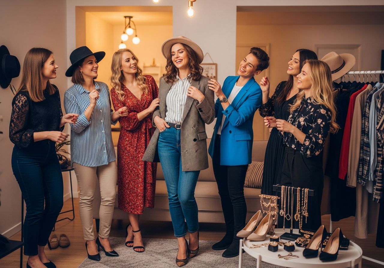 Skupina přátel se připravuje na rozlučku se svobodou v moderním bytě s oblečením a doplňky.