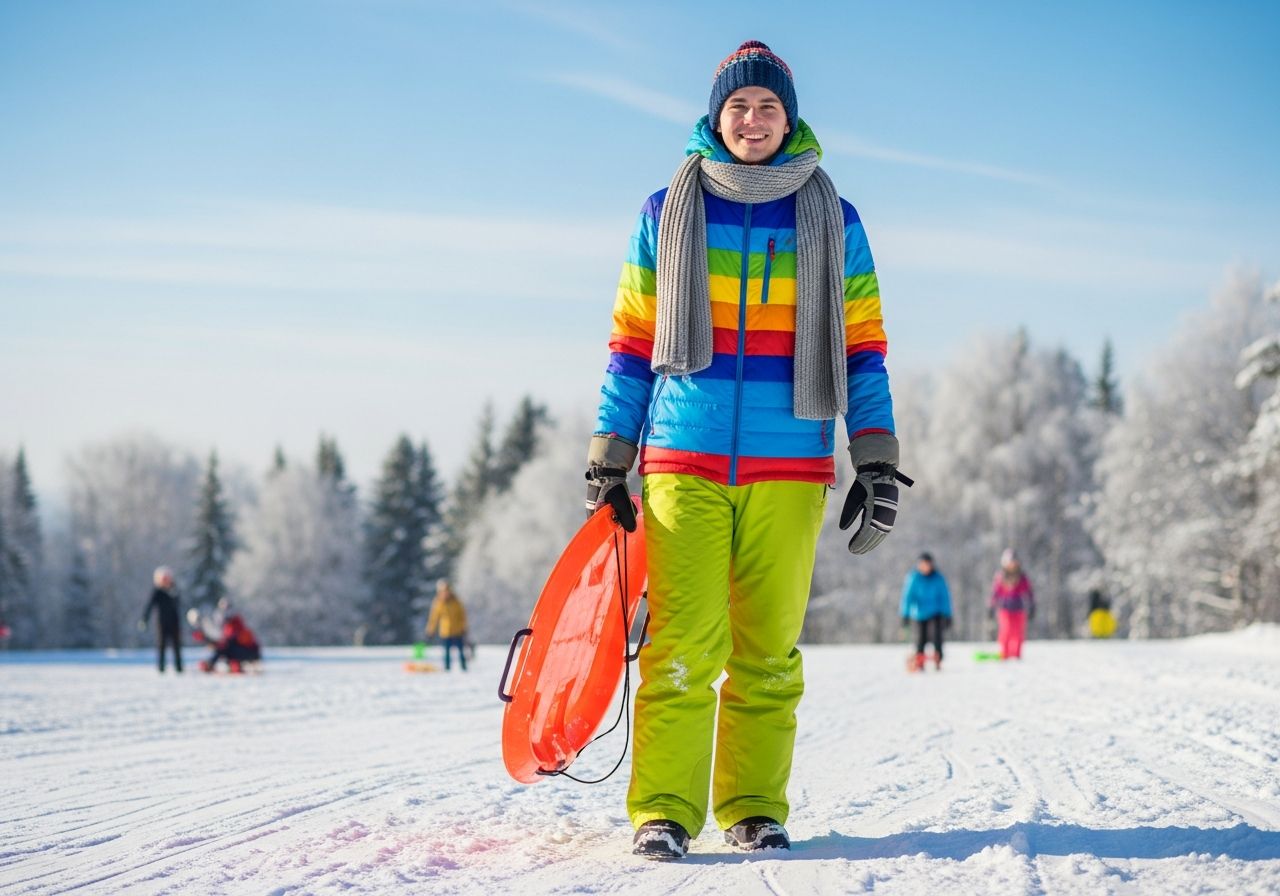 Mladý člověk v zimním oblečení s oranžovými sáňkami na zasněženém kopci za slunečného dne