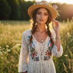 Mladá žena v boho šatech se slámovým kloboukem stojí na louce za zlaté hodiny