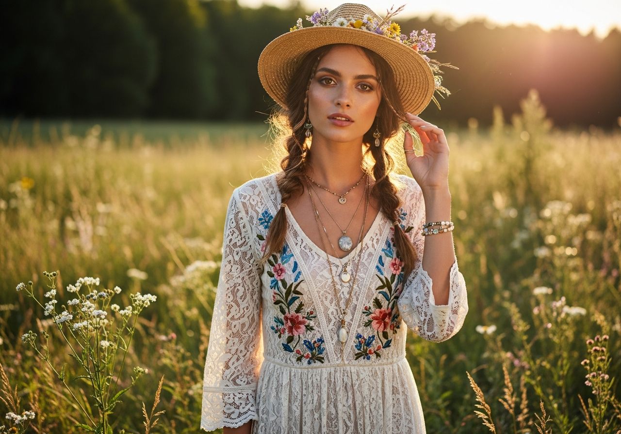 Mladá žena v boho šatech se slámovým kloboukem stojí na louce za zlaté hodiny