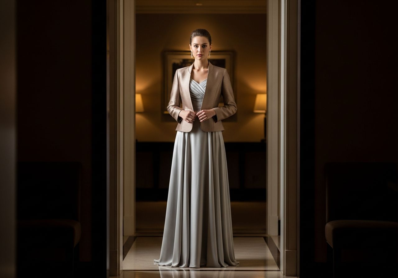 Elegantní žena v dlouhých večerních šatech a saku v luxusním interiéru pro formální událost