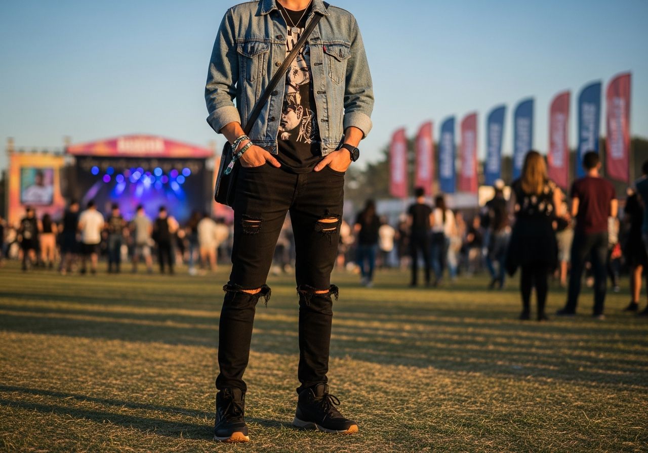 Mladý člověk v denimové bundě připravuje se na koncert při západu slunce s davem a světly v pozadí