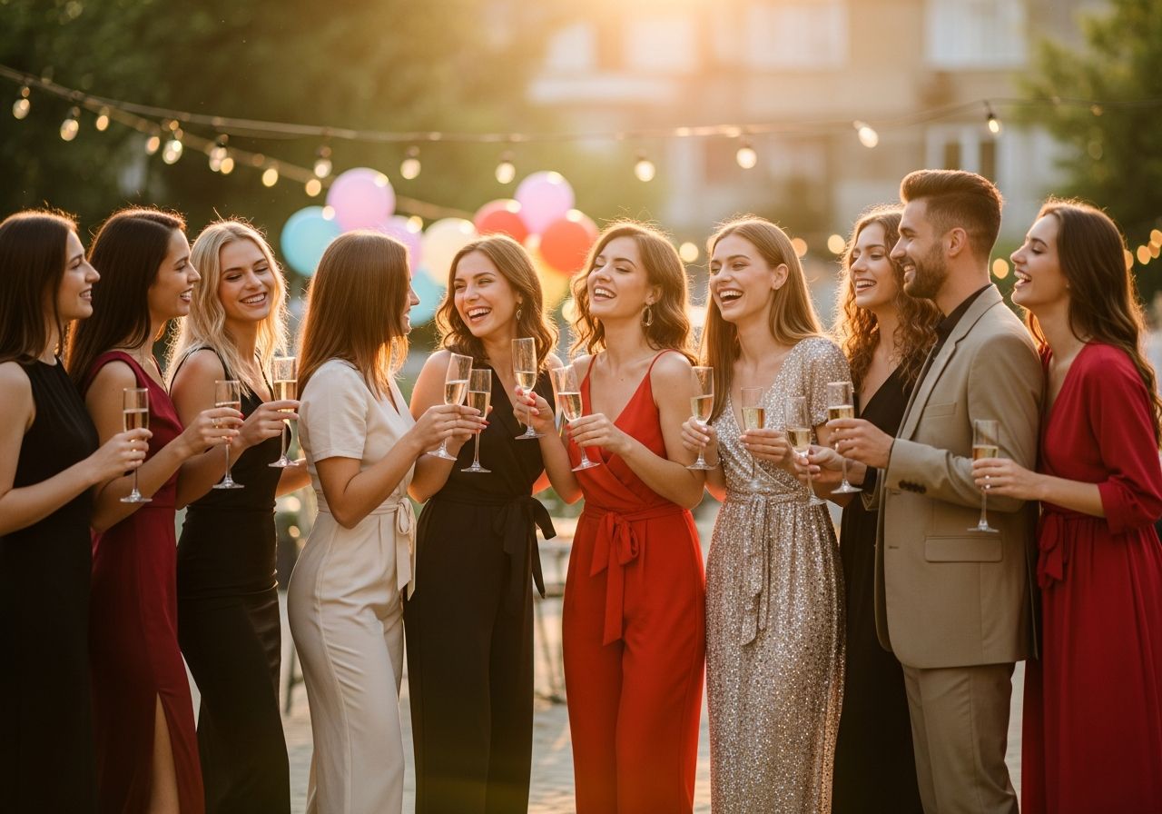 Skupina mladých lidí slaví rozlučku se svobodou venku, připíjejí si šampaňským v městské zahradě.
