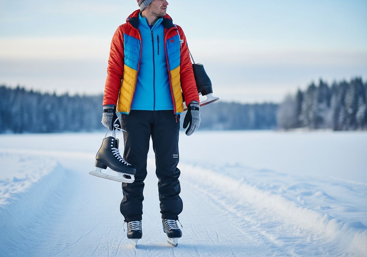Osoba v zimním oblečení s bruslemi na rameni stojí u zamrzlého jezera na zasněžené cestě.