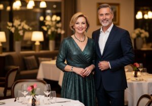 Elegantní pár u stolku v restauraci během slavnostní večeře, teplé osvětlení, profesionální kvalita.