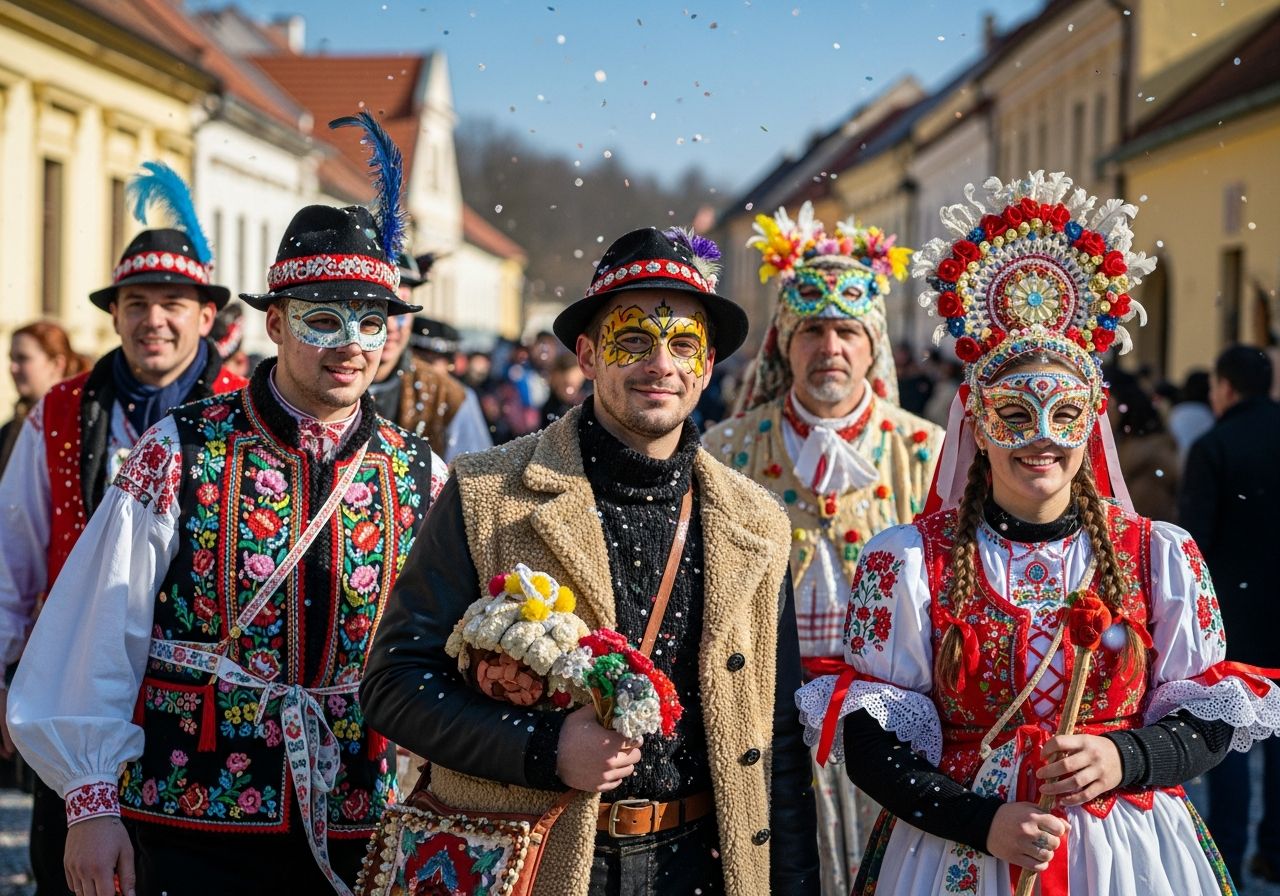 Lidé v tradičních a barevných maskách slaví Masopust na ulici s výzdobou a historickými budovami