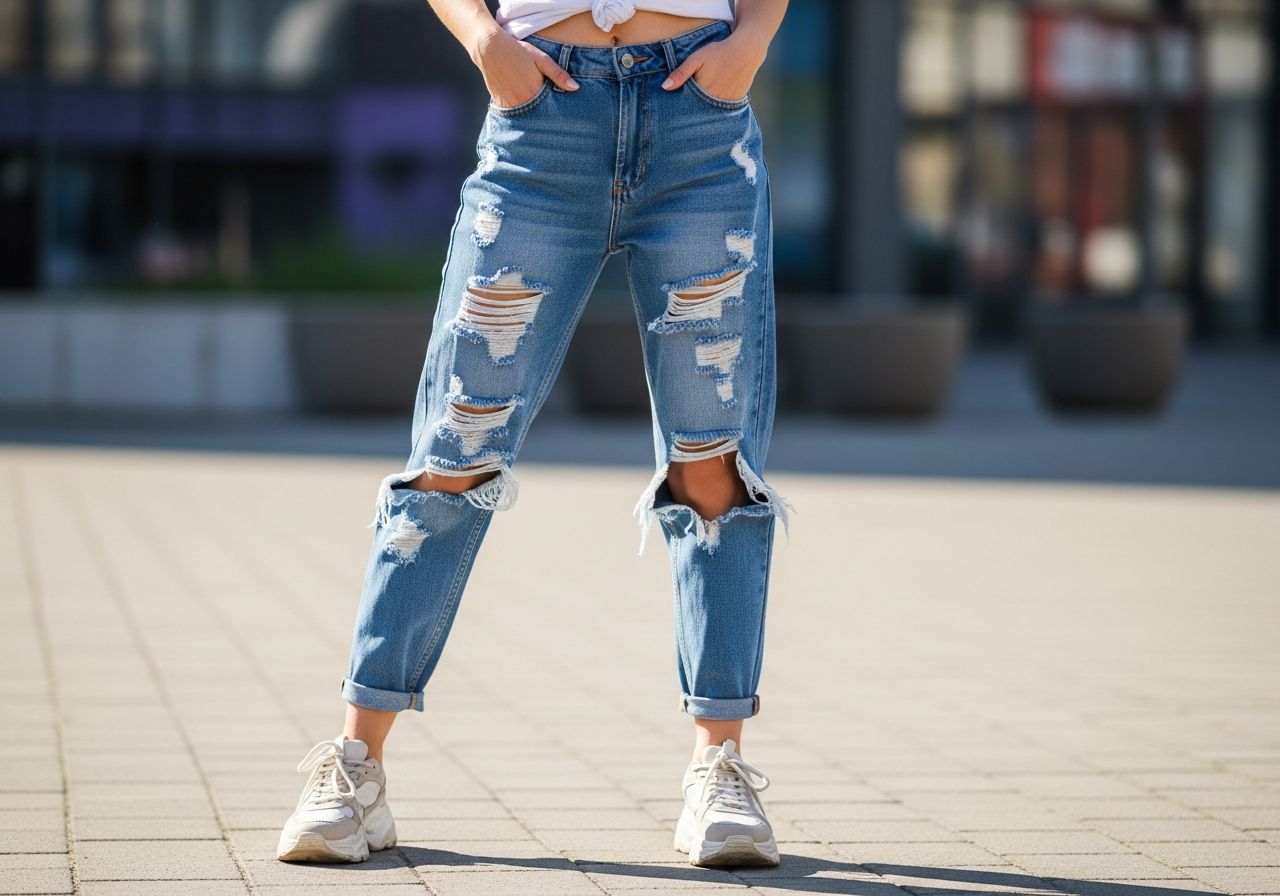 Mladá žena v roztrhaných boyfriend džínách a bílém tričku venku ve městě s rukama v kapsách