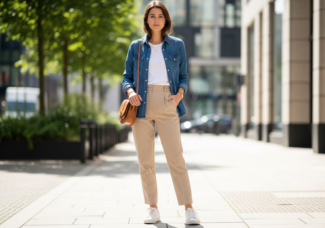 Mladá žena v džínové košili a béžových kalhotách stojí ve městě s krosnou a zlatými doplňky.