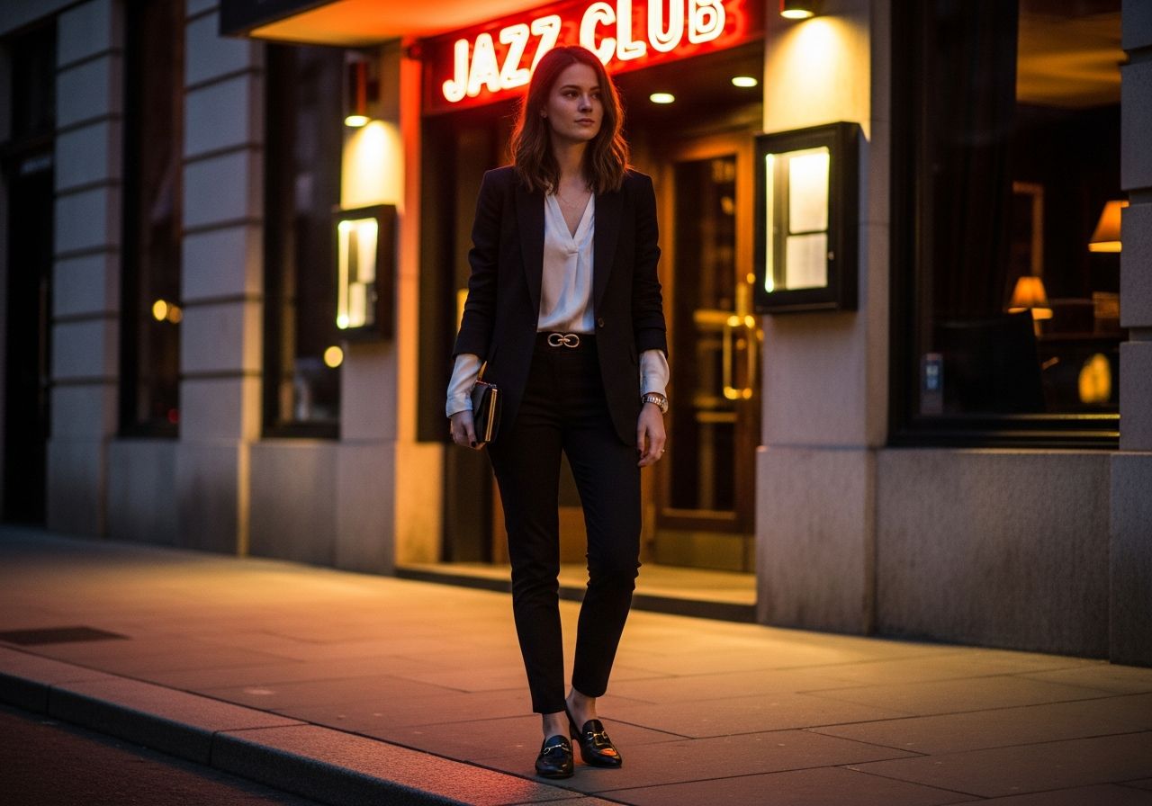 Stylová žena před jazzovým klubem v elegantním oblečení večer v městském prostředí.