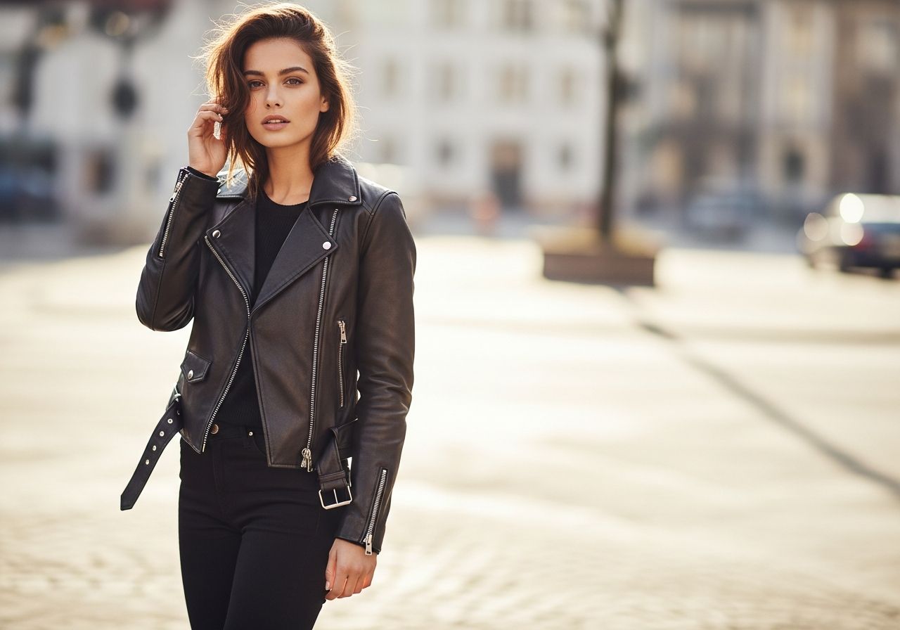 Stylová žena v černé kožené ramonesce stojí na městské ulici s rozmazaným pozadím.