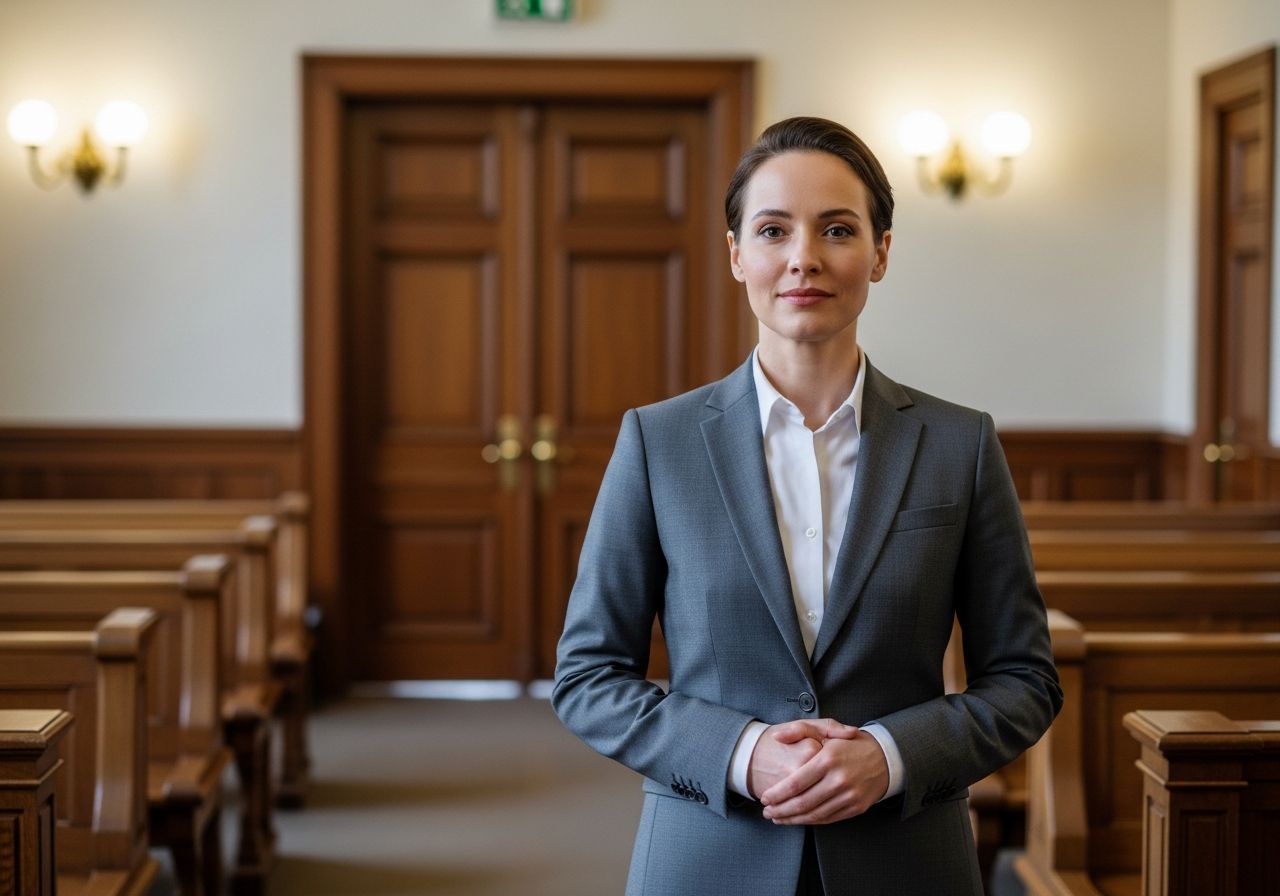 Světle osvětlená chodba soudní síně s dospělým svědkem v obleku před podáním svědectví.