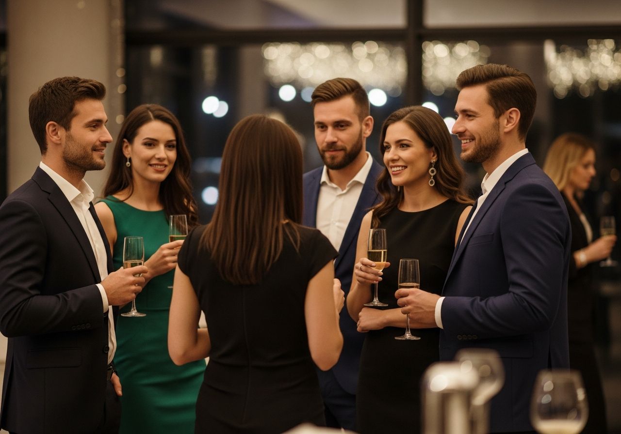 Skupina kolegů v elegantním oblečení na firemní párty s přátelskou konverzací uvnitř moderního prostoru.