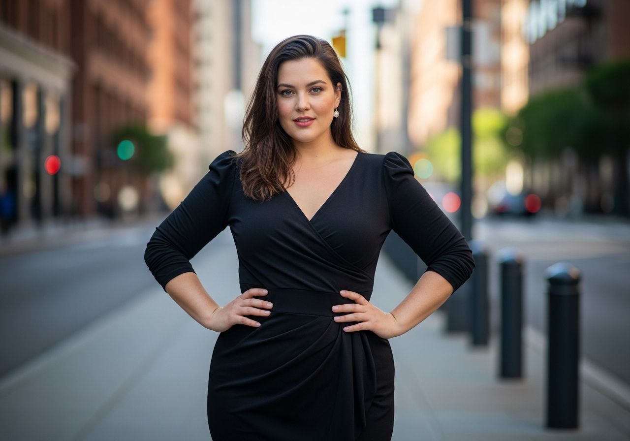 Plus size žena ve městě v dobře padnoucím oblečení, přirozený úsměv, osvětlení zdůrazňující pleť