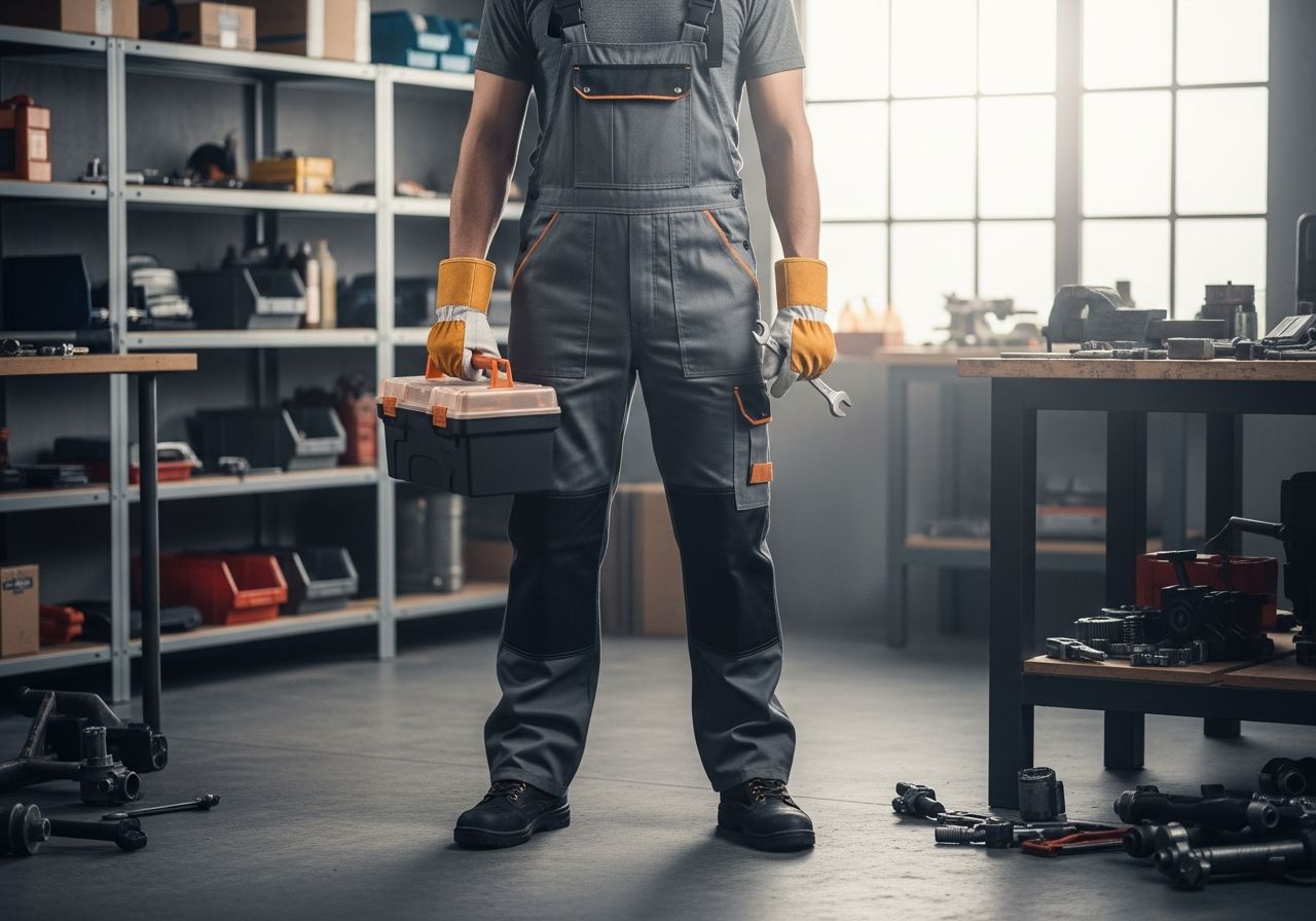 Technik v pracovním oděvu drží kufřík a klíč v dílně s nářadím a pracovním stolem.