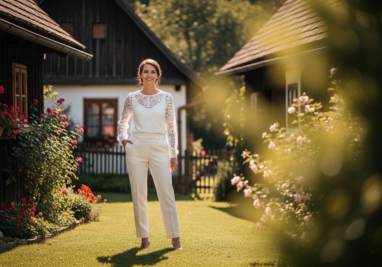 Nevěsta v elegantních kalhotách a krajkové blůze stojí v české vesnici s dřevěnými chalupami a květinami.