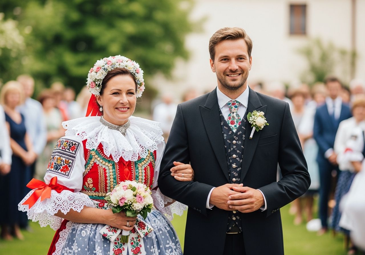 Kmotr a kmotra v tradičním českém svatebním oblečení stojí venku mezi hosty při slavnosti