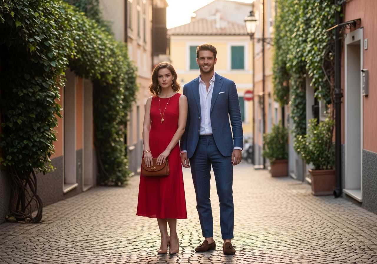 Mladý pár v elegantním italském oblečení na dlážděné ulici s barevnými domy za zlaté hodiny
