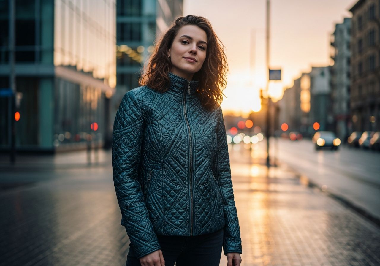 Stylová žena v prošívané bundě na městské ulici za zlaté hodiny světla.