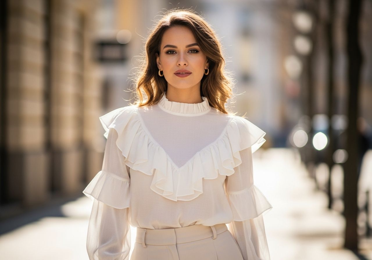 Mladá žena v bílé haleně s volánky a kalhotách na vysoký pas na ulici za denního světla