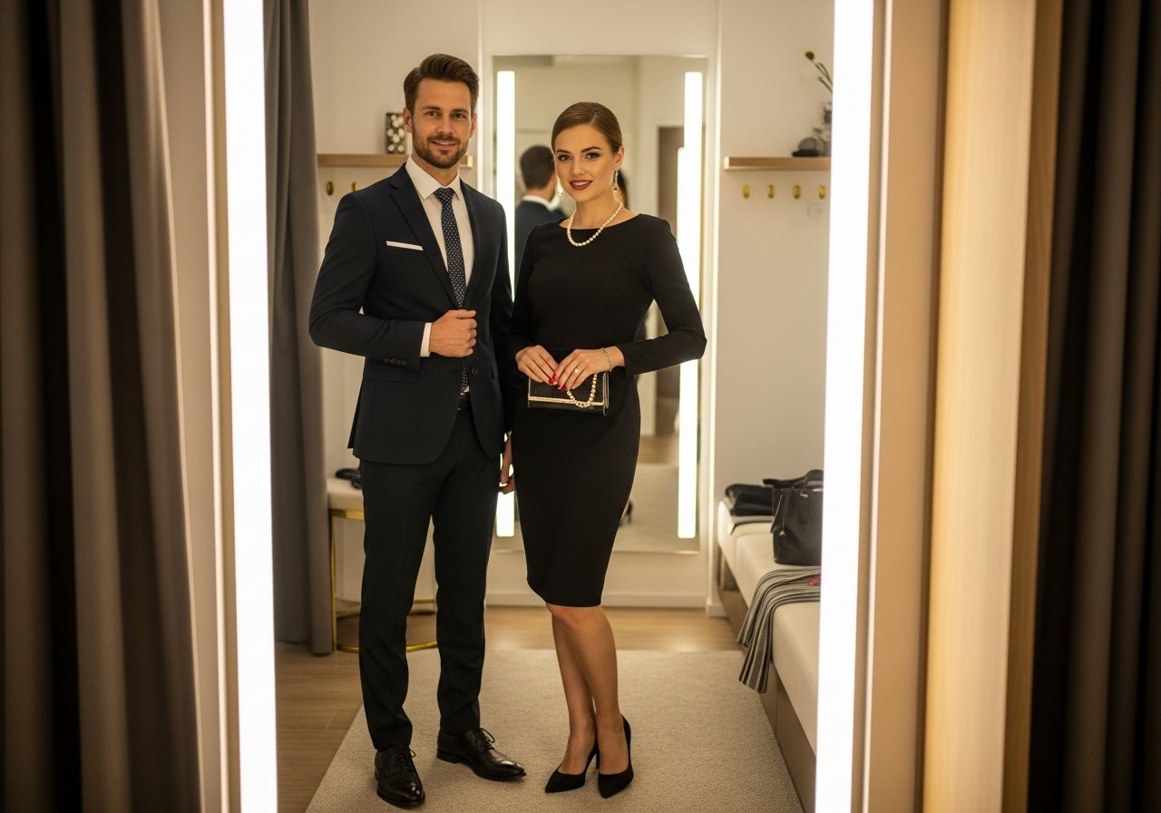 Muž a žena v elegantním oblečení připravují se na firemní večírek před zrcadlem v moderní šatně