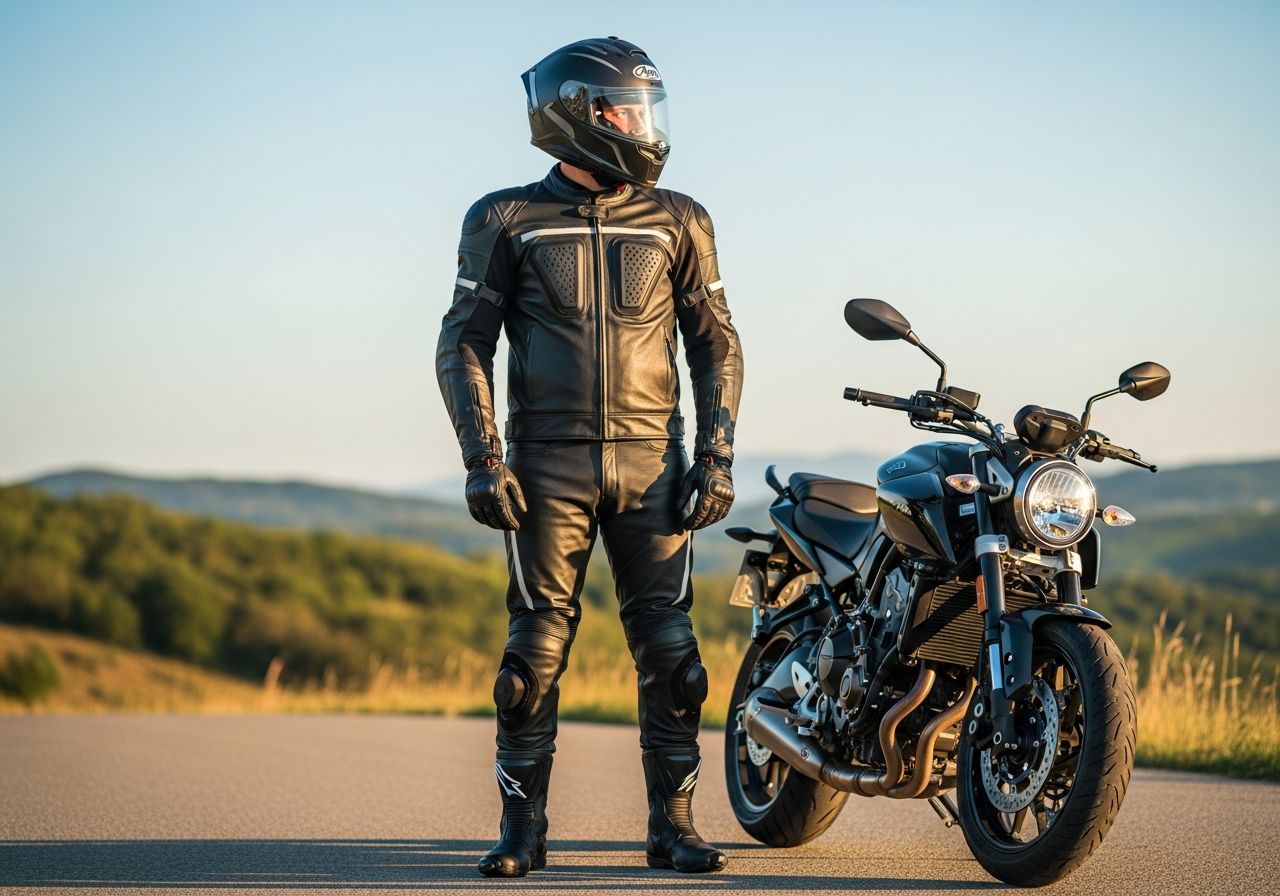 Motorkář v ochranné výstroji stojí vedle motocyklu na otevřené silnici za zlaté hodiny